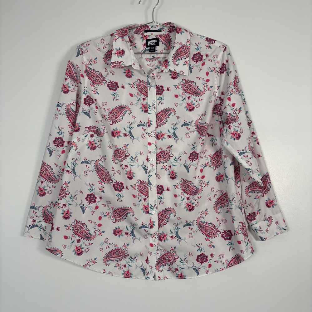 Lands End Women Button Up Shirt 16W White Pink Paisley Floral Long Sleeve Cotton